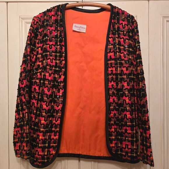 1960s Sequin Embellished Plaid Cardigan Blazer - Picture 4 of 8